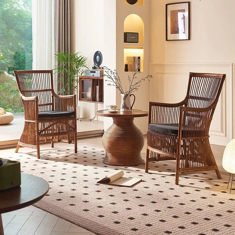 Medieval Rattan Chair and Tea Table 3 Piece Set Wicker Armchair with Cushion Sofa for Study Bedroom Bed and Breakfast