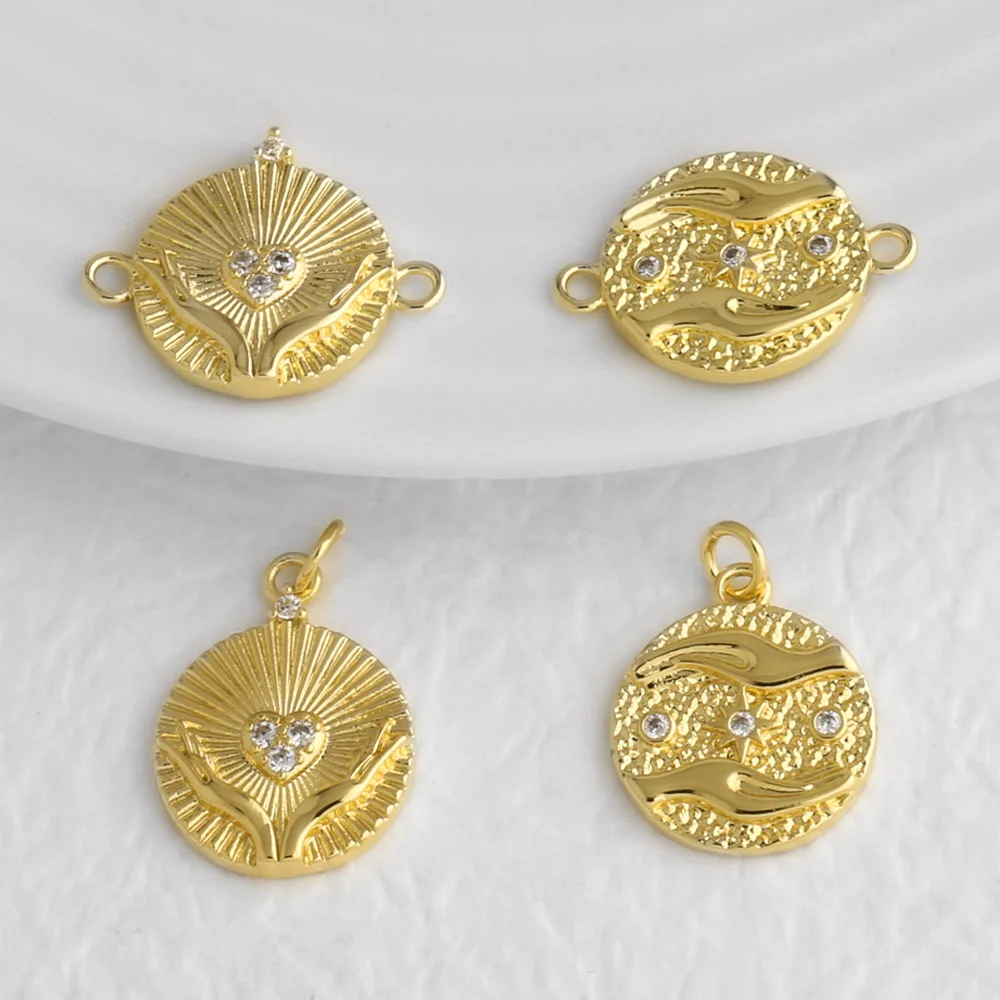 OCESRIO Hand Heart Sunburst Coin CZ Link Pendant for Necklace Copper Gold Plated Handmade DIY Jewelry Making Component pdtb809