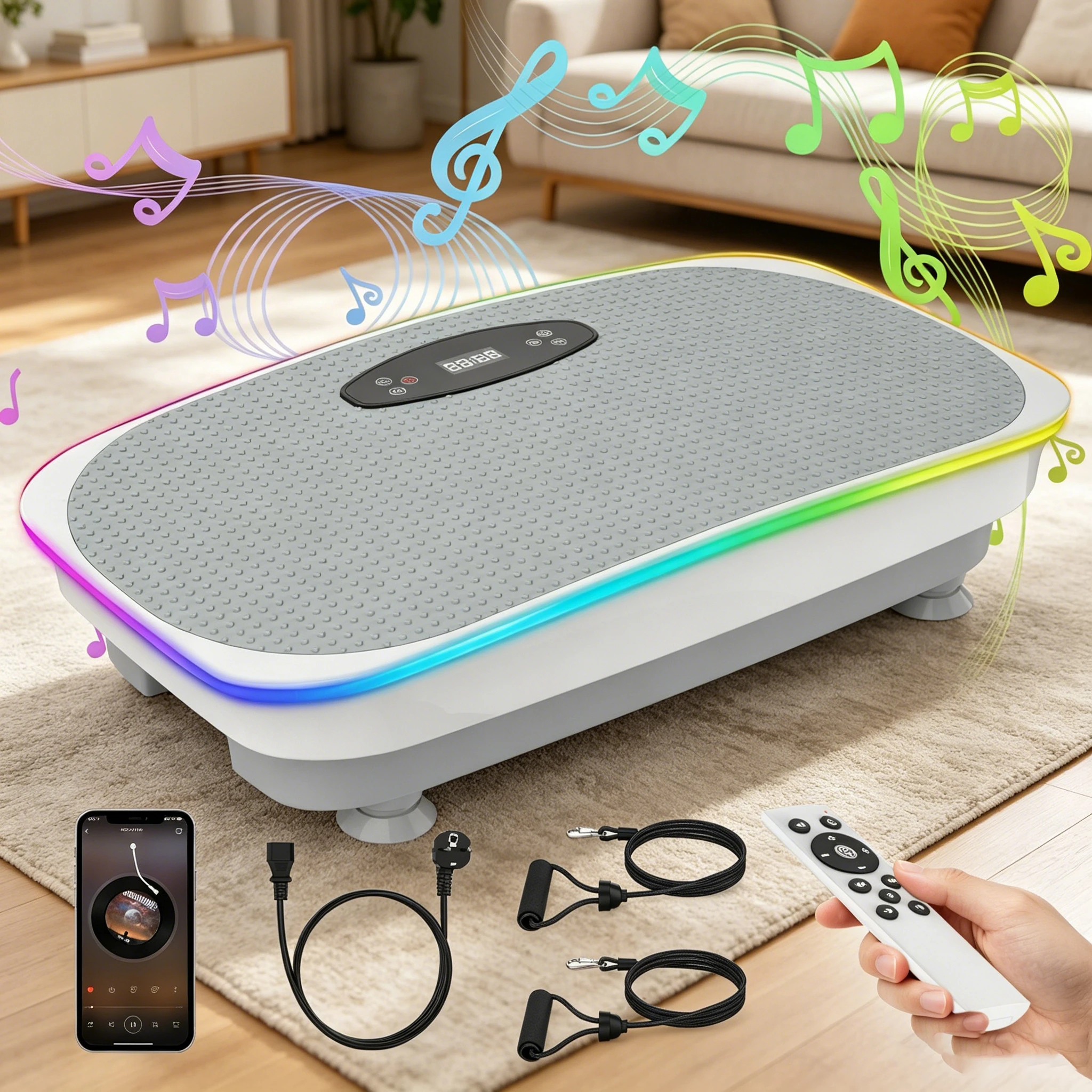 Ganzkörper-Vibrationsplatte 120 Geschwindigkeitsstufen Farbige LED-Lichter 350LBS Tragfähigkeit Bluetooth-Fernbedienung Lymphdrainage Schlankheits-Vibrationsplattform Heimfitness-Gewichtsverlustgerät