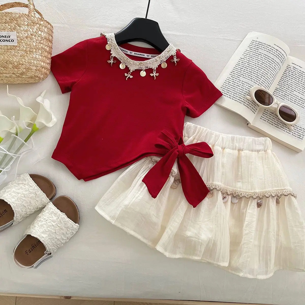 Summer New Girls Clothing Set Irregular Tassel Red T-shirt+Skirt 2Pcs Suit For 2 3 4 5 6 8 10 Years Stylish Outfit 소녀 세트