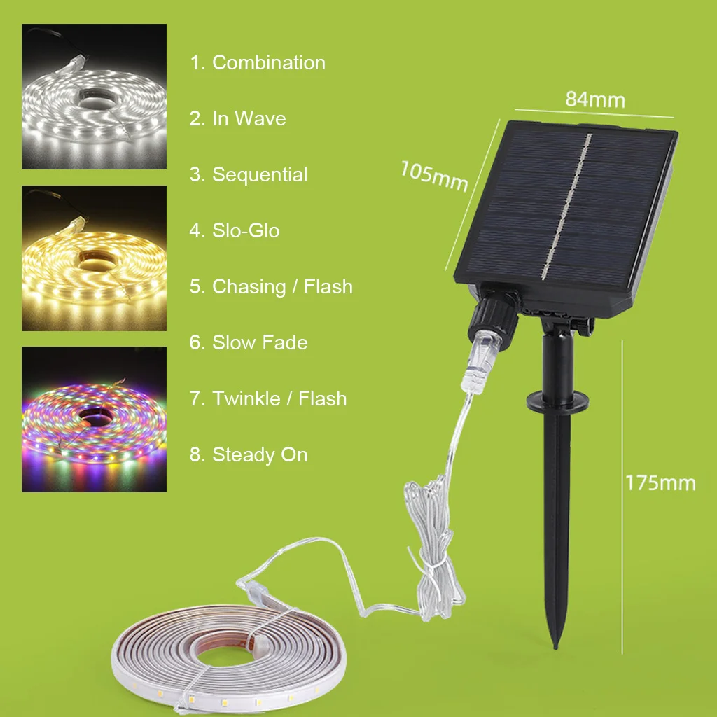 3/5/10M Solar Strip Lights 8 Lighting Modes 4 Brightness Levels 10-14 Hour Illumination Outdoor Deck Pathway Garden Patio
