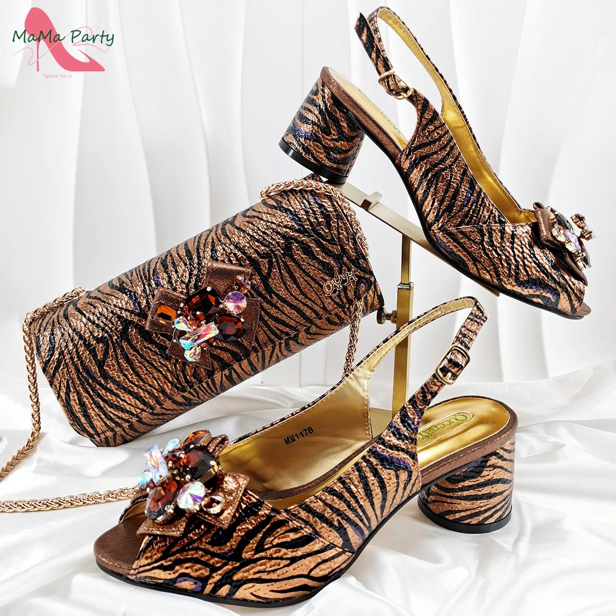 

2025 British Style Newest Italian Design Shoes and Bag Set with Shinning Crystal Comfortable Heel in Brown Color for Wedding