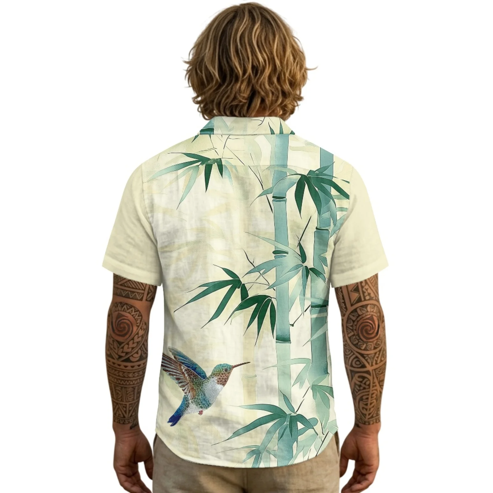 PENSTROLL Hummingbird Print Linen Style Button Down Collar Top Hawaiian Shirt for Men Single Breasted Daily Tops