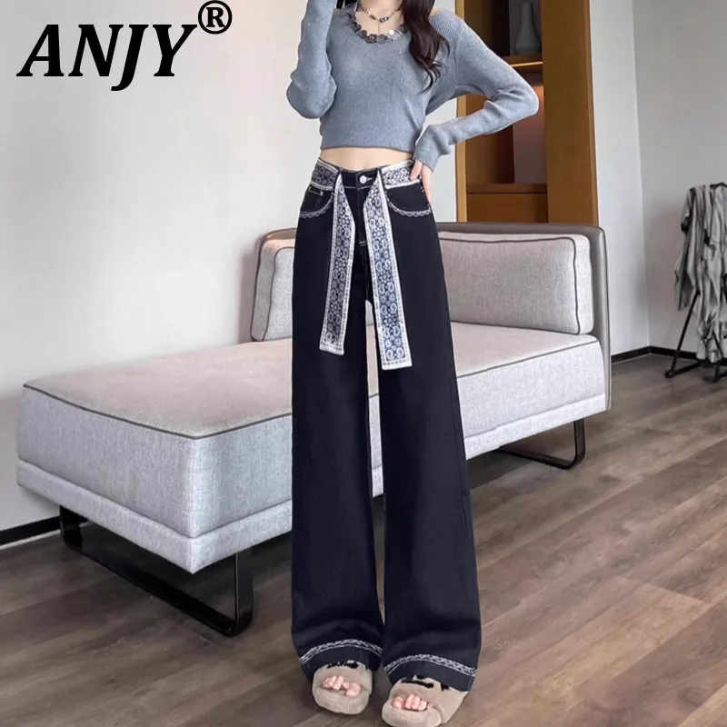 ANJY Autumn Winter New Women Fashion High-End Elegant Color-Block Embroidered Jeans Ins Trendy Scarf Straight Denim Pants A16667