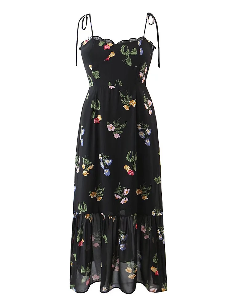 YENKYE Summer Fashion Women French Style Floral Print Sling Chiffon Dress  Vintage Black Female Midi Robe Prairie Chic Vestido - AliExpress 200000345
