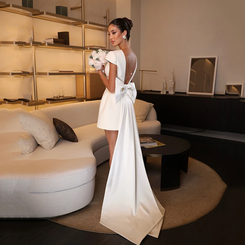 Eightree 2026 Kurze Brautkleider O-Ausschnitt Kurzarm Rückenfreies Satin-Brautkleid mit Schleife Weißes Abend-Hochzeitskleid Maßanfertigung