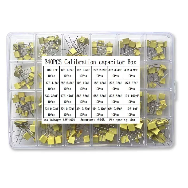 24Value Correction Capacitor KIT 240PCS 63V-100V 102J-105J Polypropylene Safety Plastic Film With Box