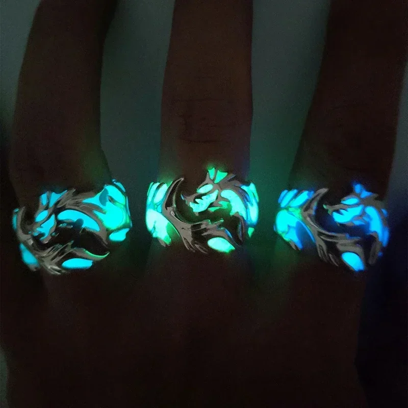 Luminous Dragon Ring for Men Adjustable Size Arresting Noctilucent Night Light Glowing in The Dark Moon Jewelry  Wholesale