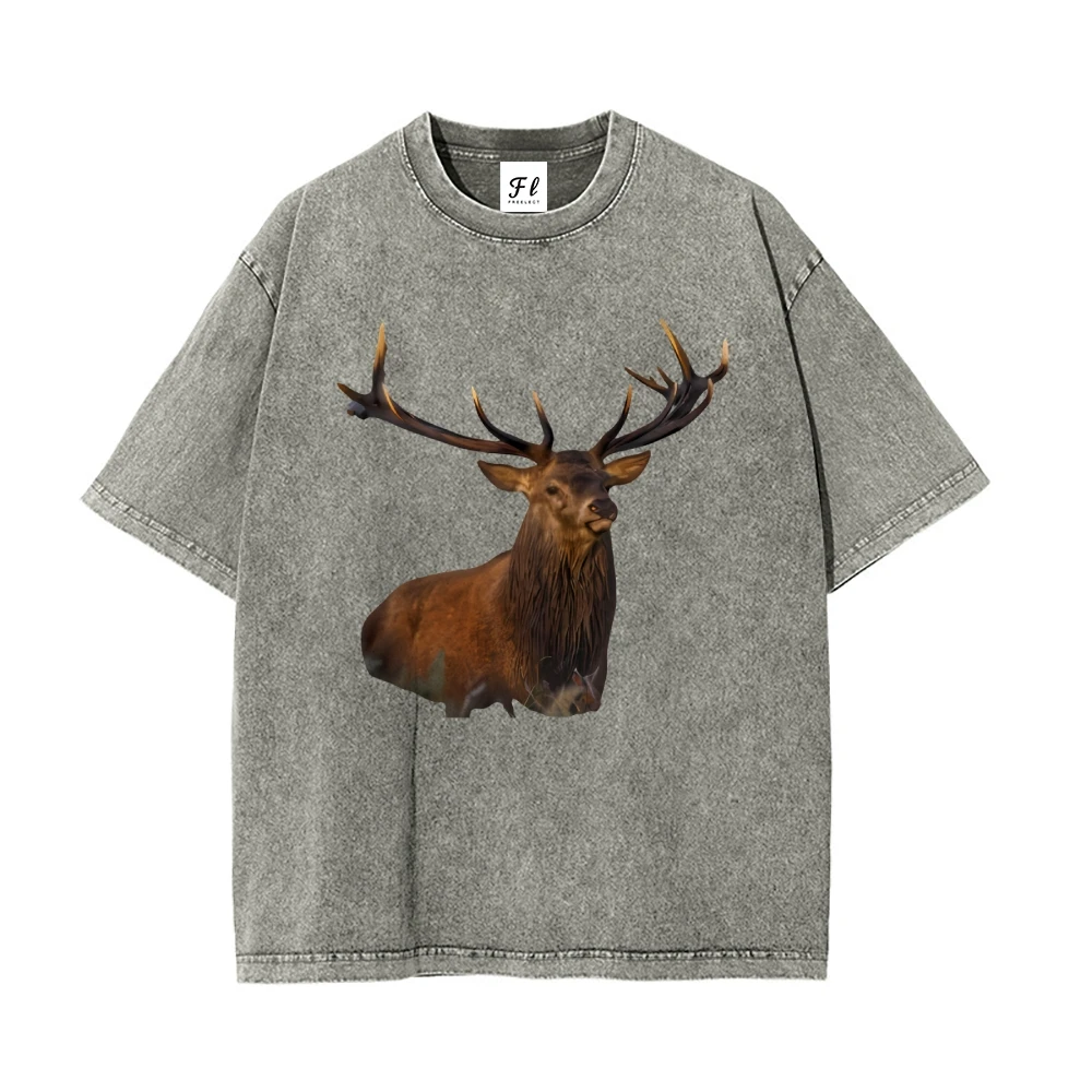 

Vintage Washed Crew Neck Tee with Stag Graphic Lightweight Soft Comfort Daily Casual Tee Nature Style Comfort Fit Daily Wear