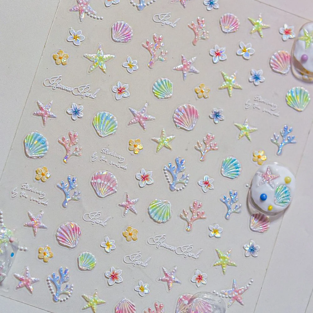 Mermaid Tail Sea Wave Shell Star Fish Conch ปลาดาว Seahorse ฤดูร้อนสีฟ้าระลอกน้ําเล็บสติกเกอร์กาวเล็บ Decal