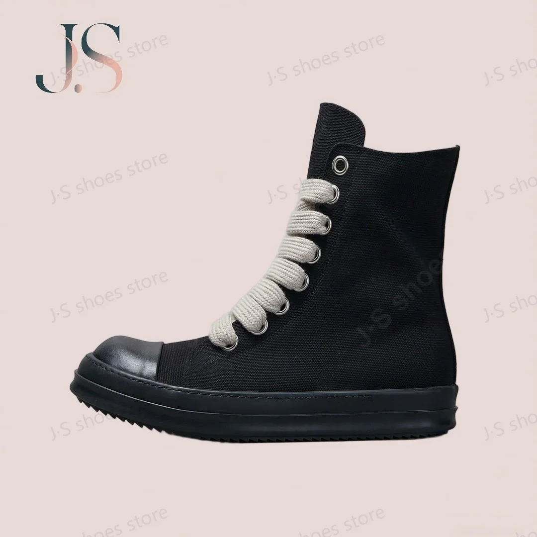 

Brand R-o Black Canvas Sneaker Men Casual Shoes Women Boots High Top Shoe Ankle Boot Jumbo Laces Zipper Flat Sneakers