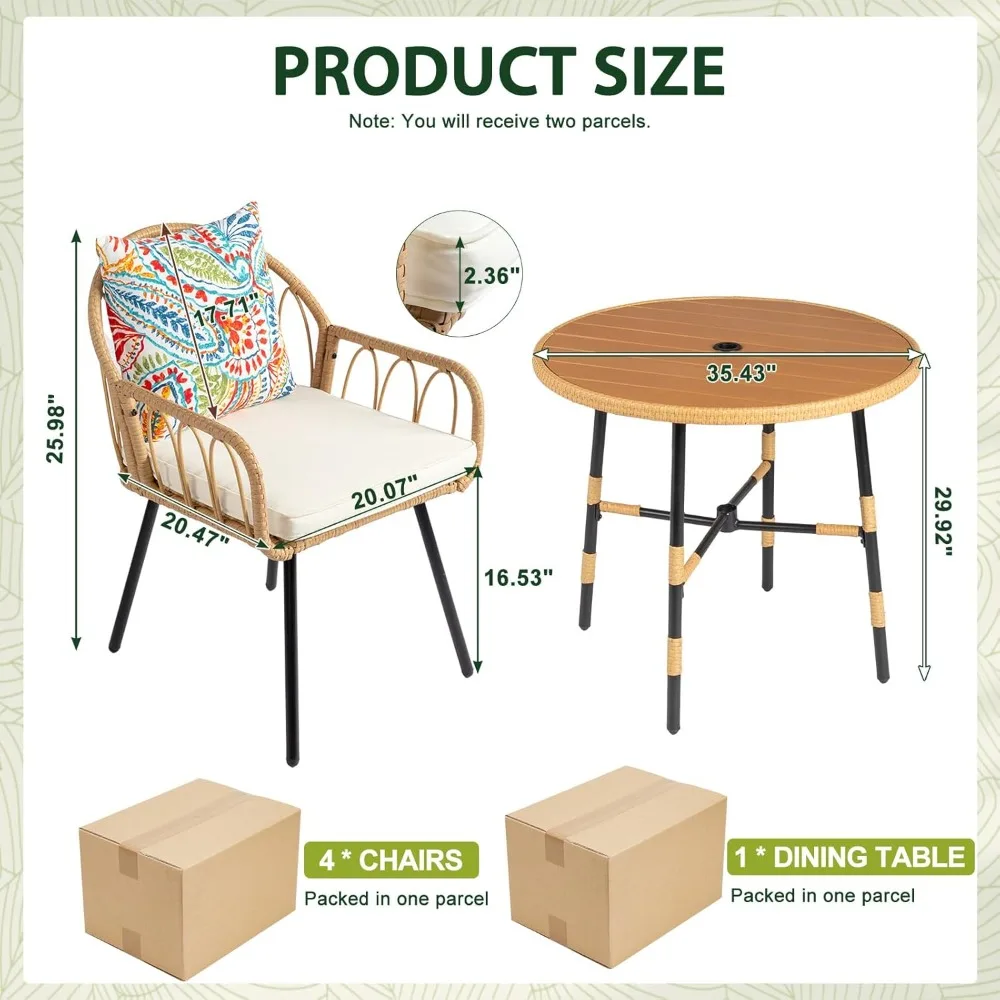 طقم طعام خارجي مكون من 5 قطع: طاولة فناء مستديرة من الخيزران مقاس 35.4 بوصة مع 4 كراسي مقاومة للطقس #3