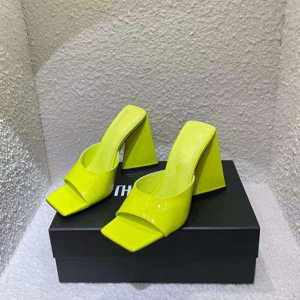 2022 New Women Slippers  Real Leather High-heeled Triangle-heel Sandals Square-toe Thick-heeled Sandals Shoes for Women