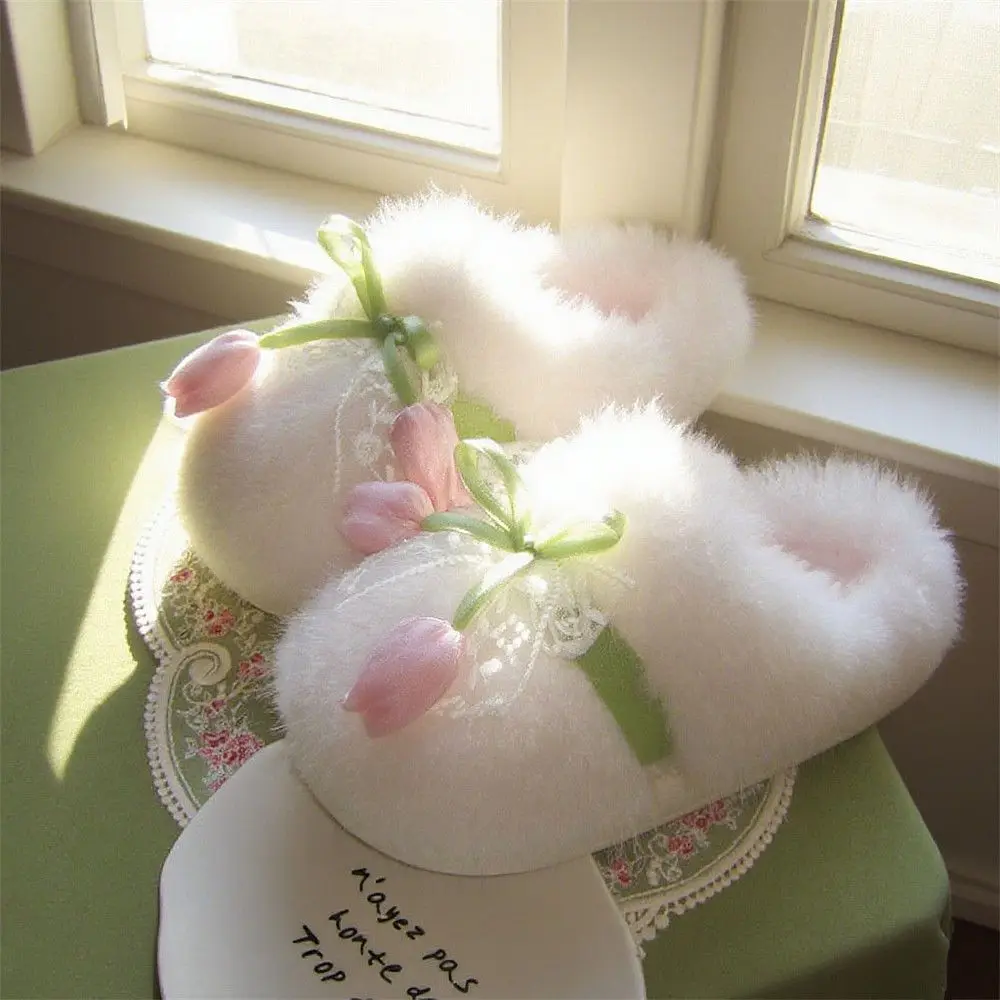 

French Tulip Lace Fuzzy Slippers 2025 New Winter Women's Plush Warm Cotton Slippers Girls Sweet Thick Bottom Soft Home Slippers