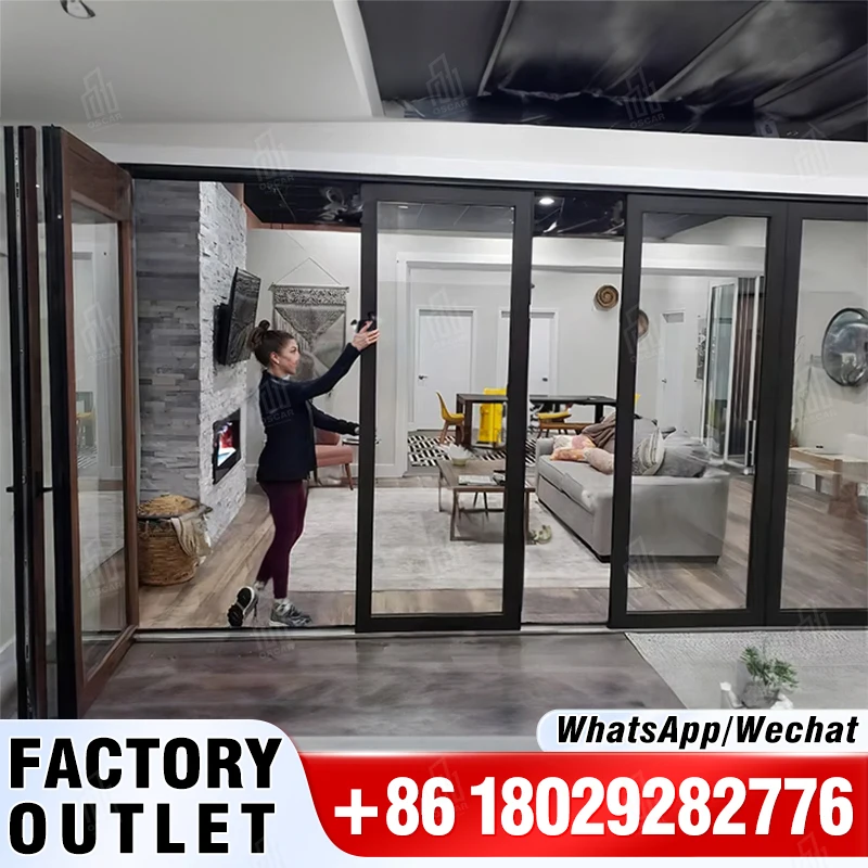 Puerta Oscaracso de vidrio insonorizada plegable al aire libre de aluminio personalizada puertas y ventanas plegables de aluminio