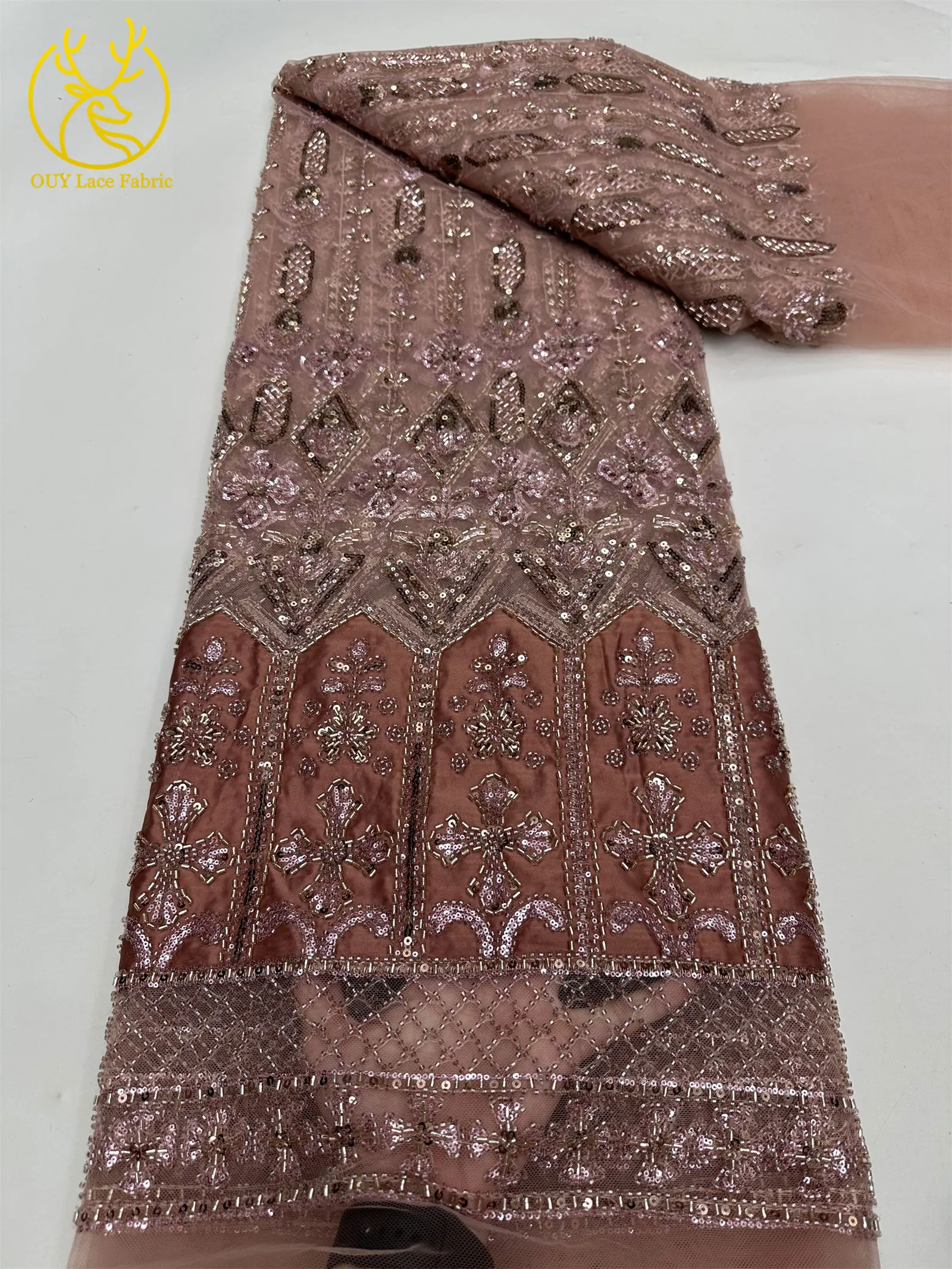 Luxuriöser französischer Pailletten-Spitzenstoff 2026 – Hochwertiger afrikanischer Perlen-Spitzenstoff, nigerianischer bestickter Stoff für Partykleider, 5 Yards – Detail 18