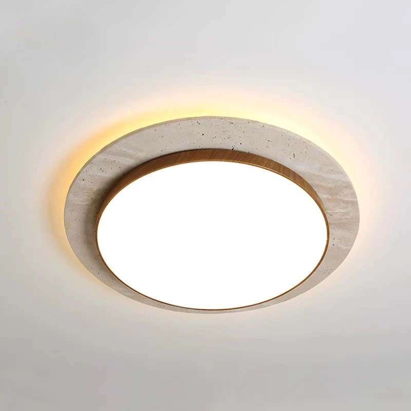 15.8 Inch Wabi Sabi Travertine Ceiling Lamp for Living Room Bedroom Walnut/Wood-Color 40W Natural Stone LED Ceiling Light