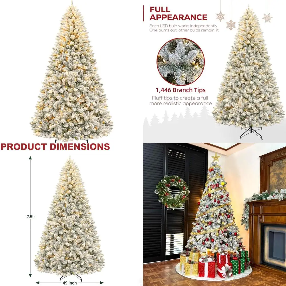 شجرة عيد الميلاد الاصطناعية للثلج المتدفقة بطول 7.5 أقدام مع 450 مصباح LED، و1446 نصائح، وحامل معدني