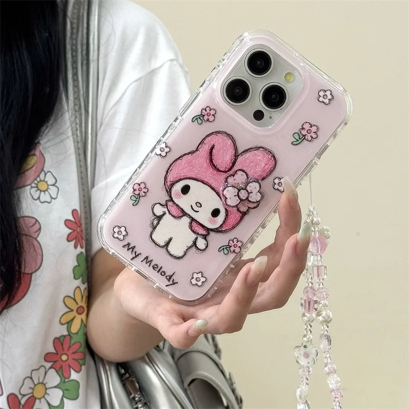 

Fashion Cute Pink Bow Hellokitty Phone Case For iPhone 16 Pro 14 15 Pro Max Cover with Chain Kawaii Sanrio Shockproof Cases