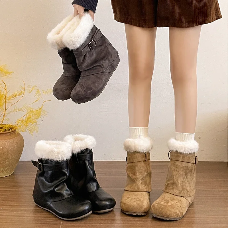 Women Winter Fur Lined Ankle Boots Double Buckle Decor Internal Elevation Round Toe Suede Warm Snow Boots Concise Botas Mujer