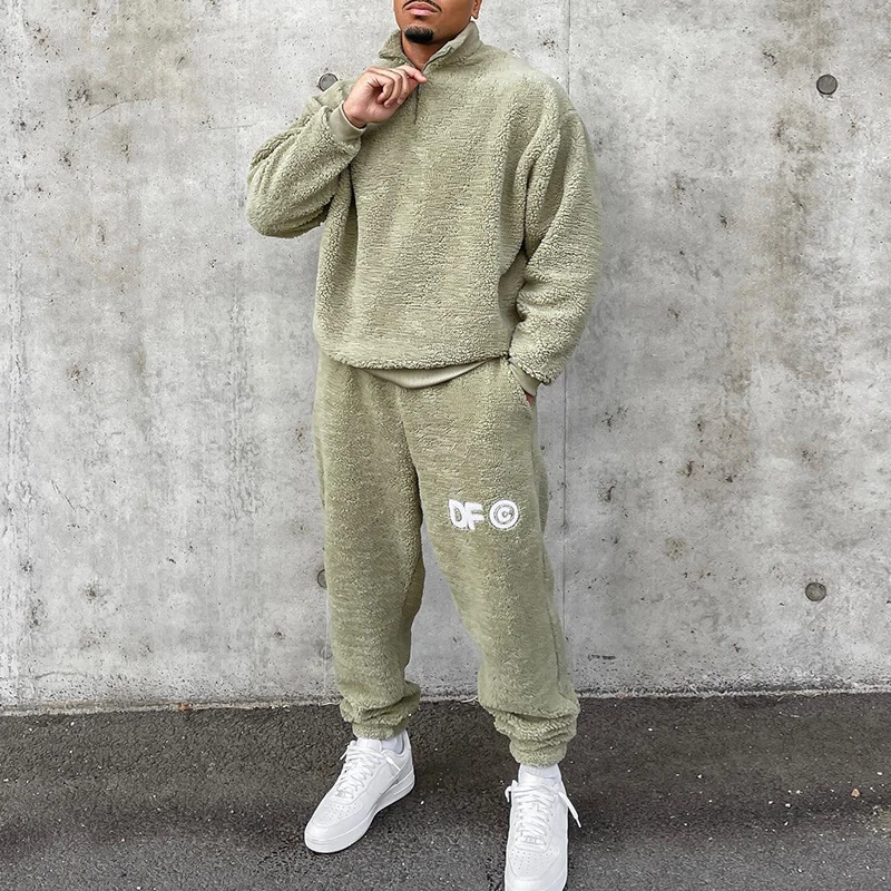 Fashion Mens Fleece Two Piece Set 2022 Winter Casual Solid Color Loose Outfits Men Stand Collar Zipper Wool Tops And Pants Suits