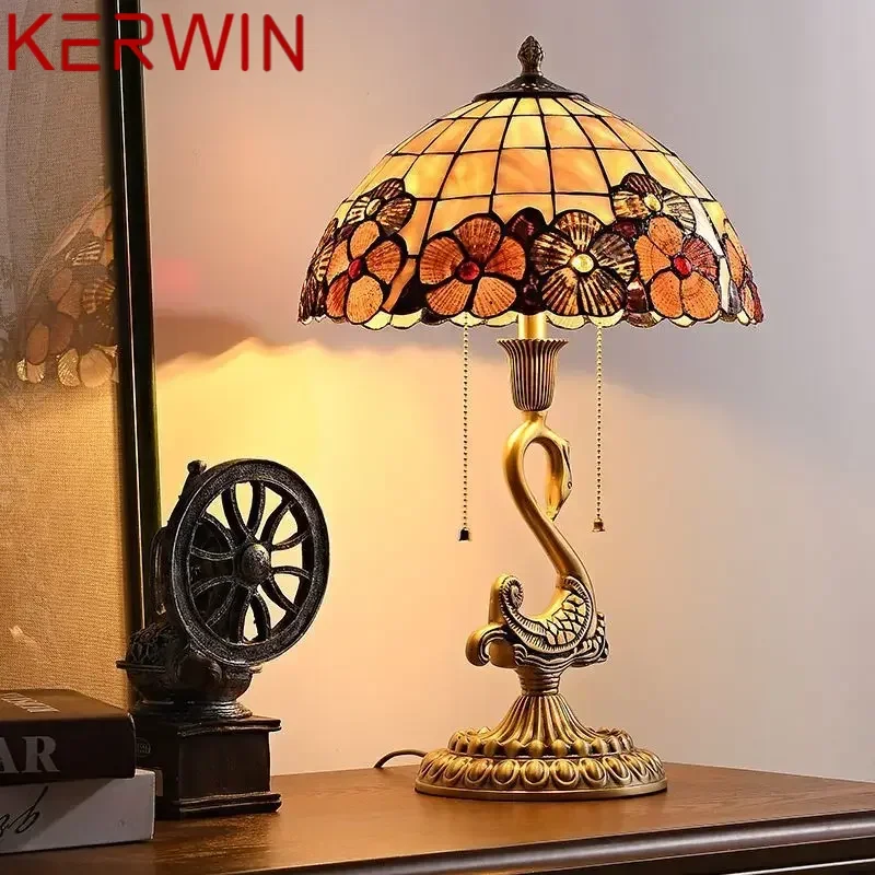 KERWIN European Retro Brass Table Lamp LED Modern Creative Swan Copper Desk Light for Home Living Room Bedroom Decor