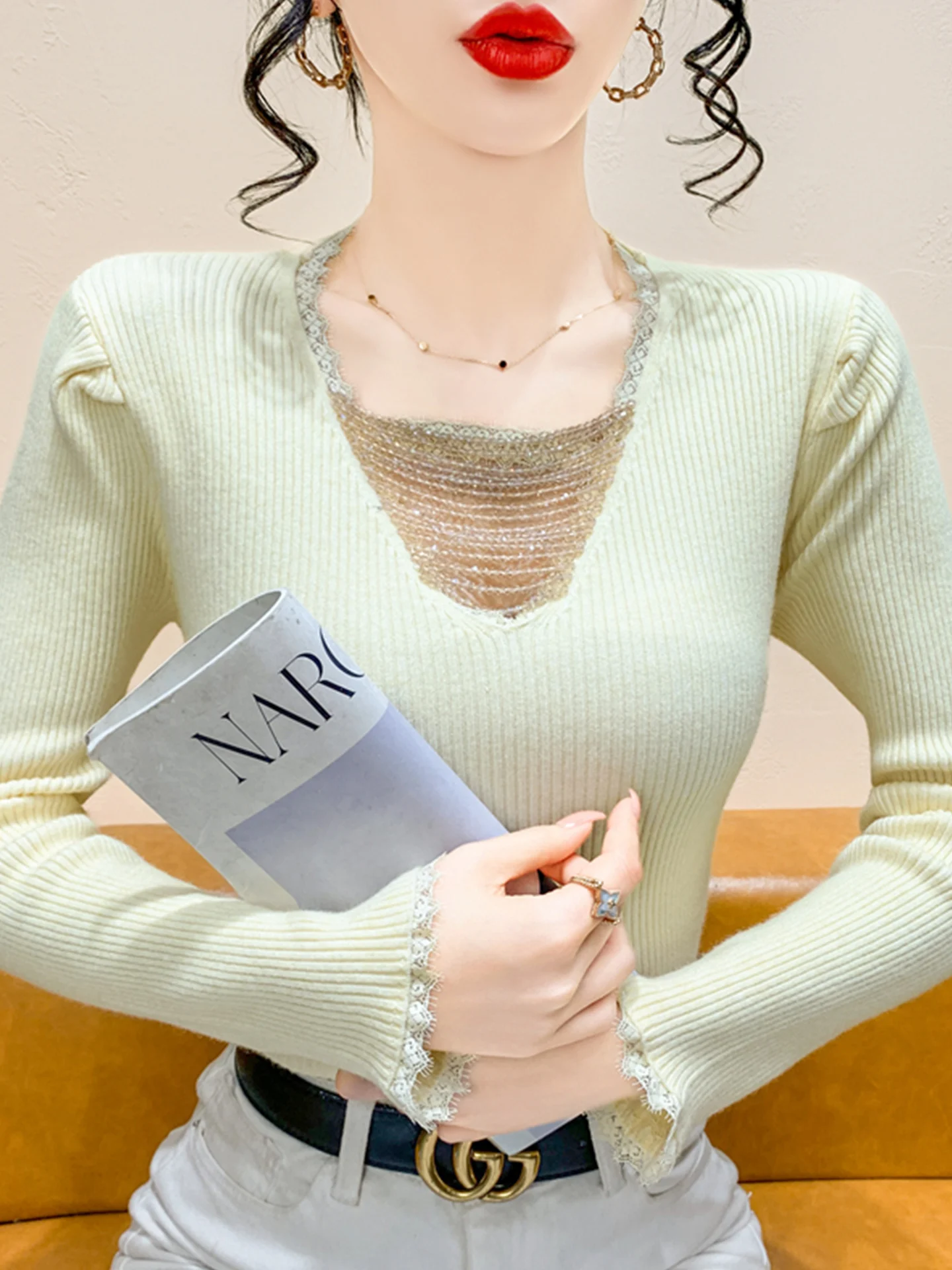 Feminino longo sve v-ne malhas fino ajuste camada base camisola corrente design outono inverno novo sle commute sle tecido macio