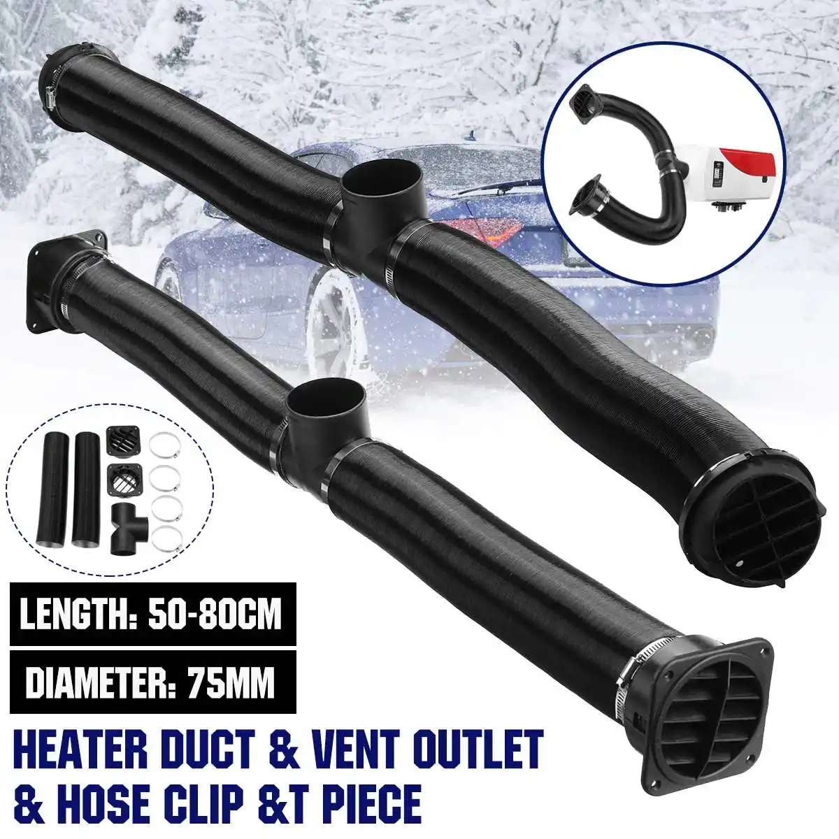 Car Air Diesel Parking Heater 75mm Replacements Kit Heater Ducting Pipe + Air Vent Outlet Connector + Hose Clips