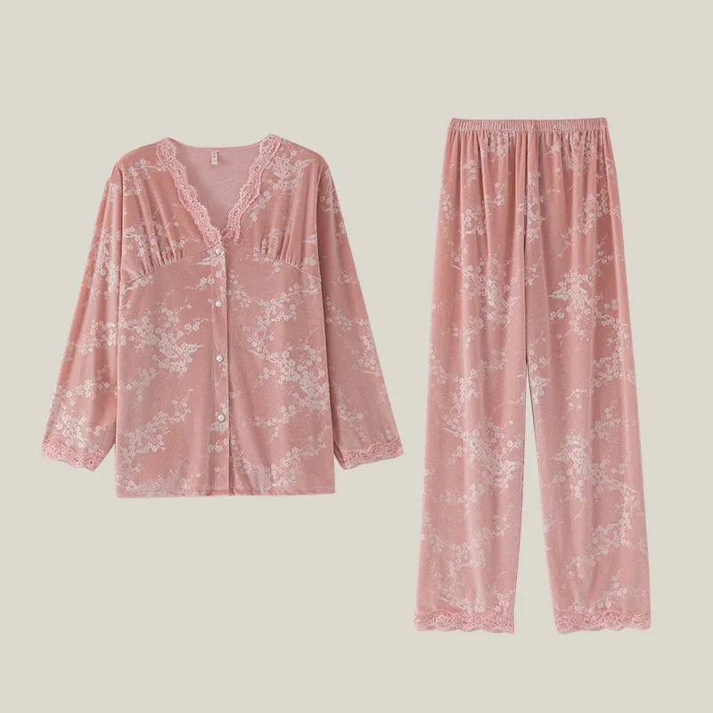 

Elegant Gold Velour 2Pcs Pajamas Set Women's Sleepwear Sexy Lace V-Neck Long Sleeve Pijamas Suit Loungewear Loose Homewear