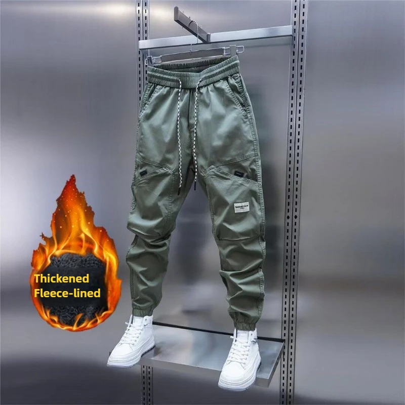 

Men's Fleece Cargo Pants Casual Jogging Solid Multi-Pocket Ankle-Length Trousers Loose Streetwear Elastic Waist Harem Pants