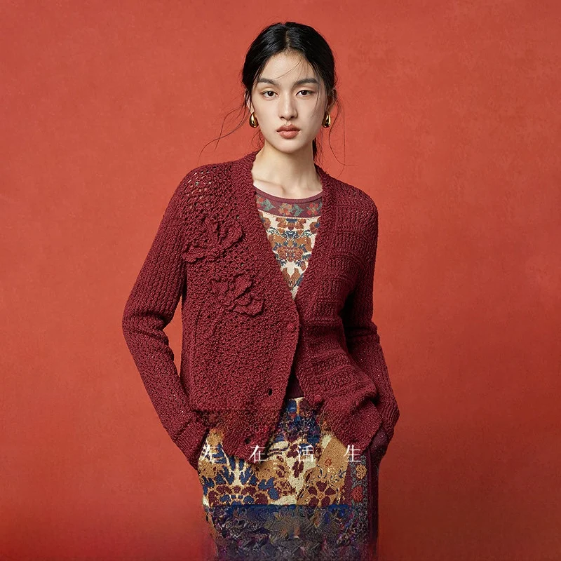 

Вязаный крючком женский жакет ручной работы с ажурной текстурой, осенне-зимняя новинка, с V-образным вырезом, длинными рукавами, короткое пальто, повседневная одежда