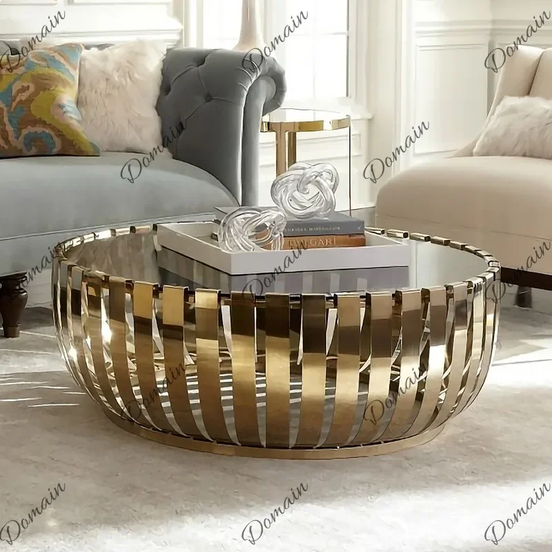 N80 Cocktail Shape Coffee Table Round Metal Tea Table Stainless Steel Vertical Bar Decor Glass Top Titanium Gold