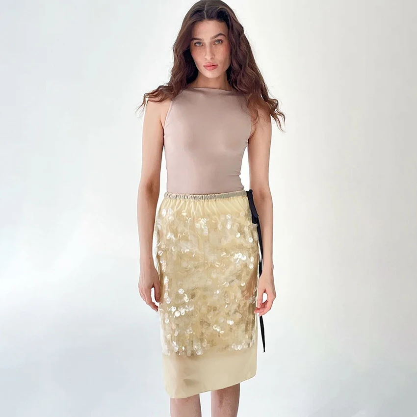 

Linad Elegant Beige Sequined Midi Skirts For Woman Summer High Waist Skirt Evening Street Chic Elastic Waist Mid Calf Skirt 2025