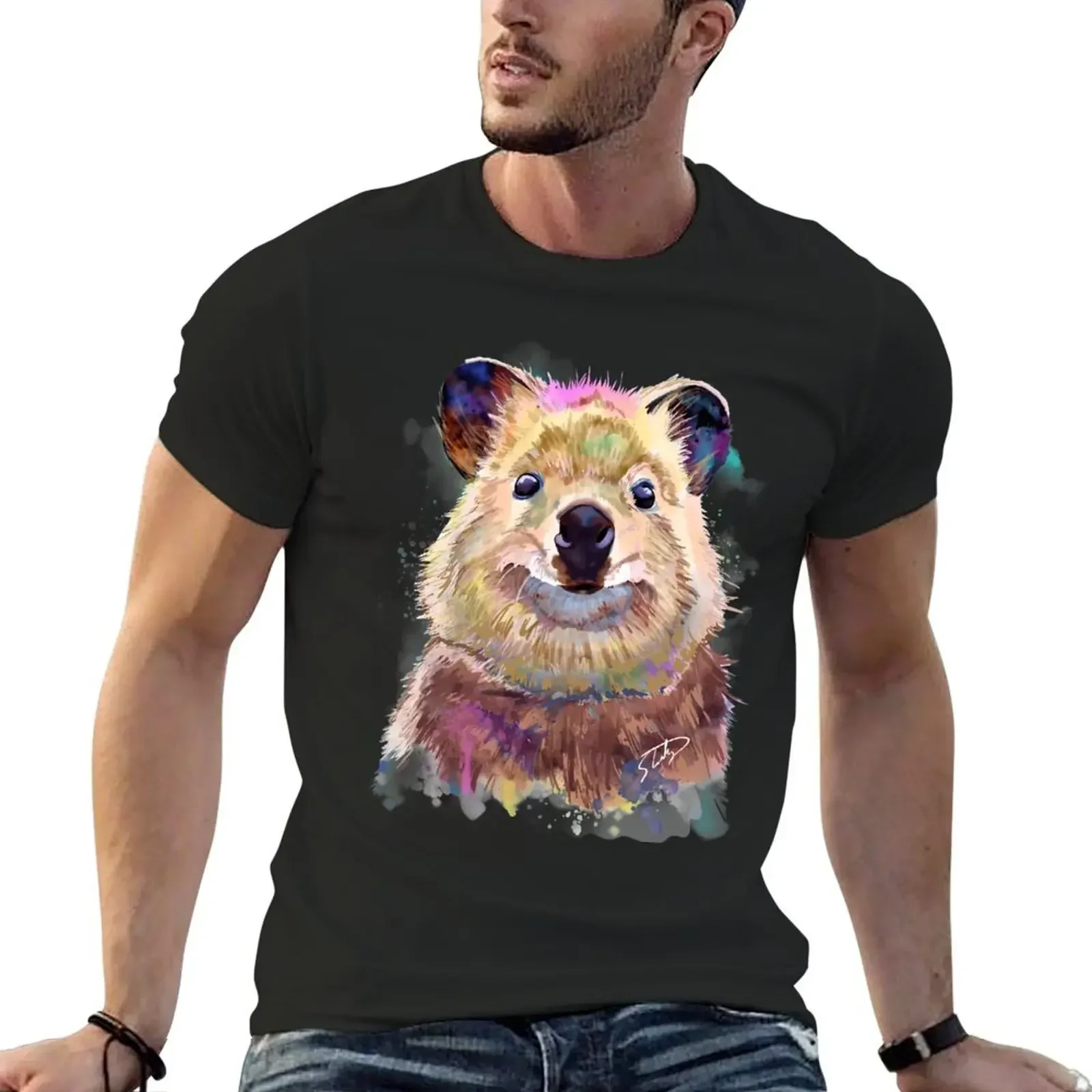 Smiling Quokka Splash Watercolor T-Shirt kawaii clothes plus sizes men t shirt