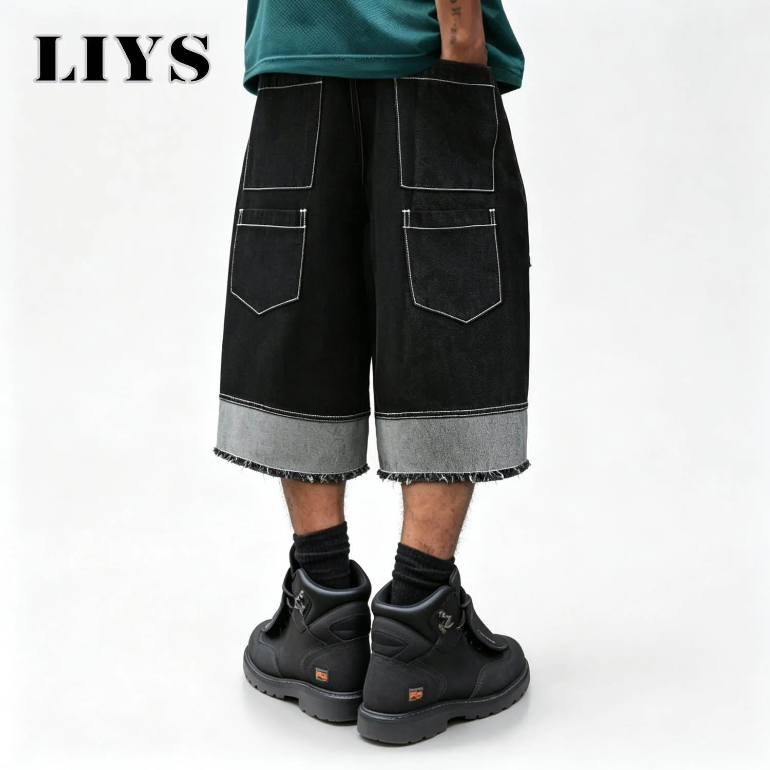 Men's Wide Leg Baggy Denim Shorts Black Washed Frayed Raw Hem Loose Jean Shorts Streetwear Y2K Hip Hop Summer Casual Jorts