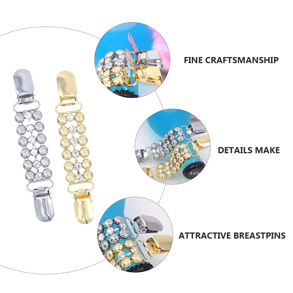 

2 pcs Rhinestone Chain Clasps Vintage Sweater Clips For Cardigan Shawl Dress Alloy Breastpins Golden White Scarf Clips Clothes