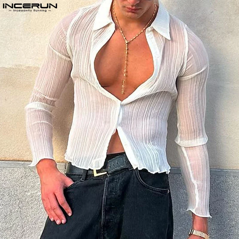 INCERUN Men\'s Shirt Solid Color Transparent Lapel Long Sleeve Casual Men Clothing Streetwear Fashion Leisure Male Shirts S-5XL