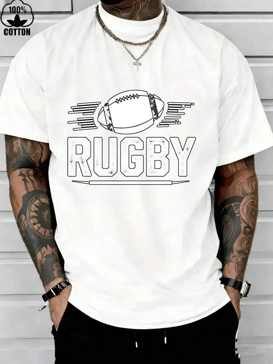 

Mens Casual Rugby Print T-Shirt Short Sleeve Round Neck Distressed Graphic Cotton Tee