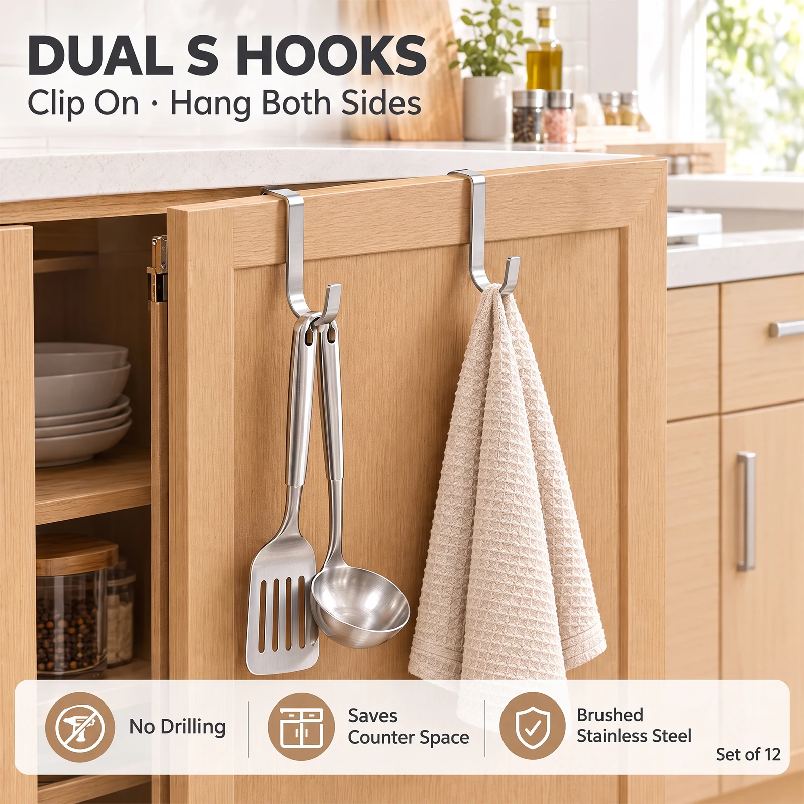 12Pcs Stainless Steel Double S Hook Cabinet Storage Hook Free Punching Hook Kitchen Bathroom Door Back Coat Towel Storage Rack