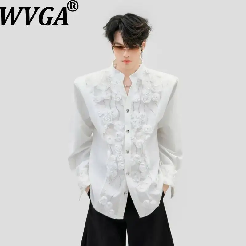 WVGA Spring Autumn New Men Three-dimensional Flower Trendy Long Sleeved Shirt Sequin Embroidery V-neck Shoulder Pads Tops W25858