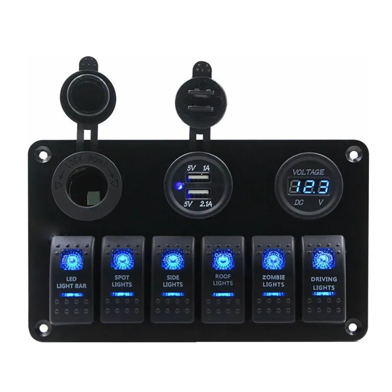 

Truck Car Yacht Universal 6 Gang Marine Boat Rocker Switch Panel LED Voltage Display+5V 3.1A USB Charger Cigarette Lighter