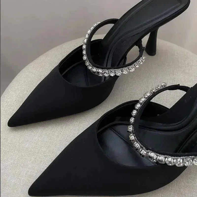 2024 Black Rhinestones Heeled Mules Pump for Women Elegant Sparkly Sandals Summer Slippers Women\'s Sexy High Heels Slingbacks