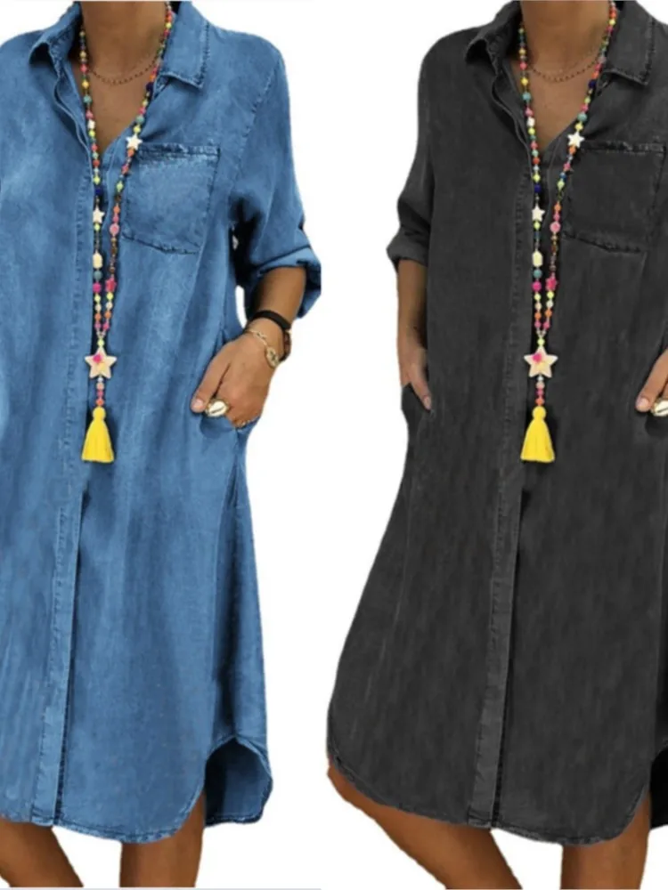 Spring Summer New Women's Denim Dress Solid Color Plus Size Casual With Pocket Shirt Collar Long Sleeved Dress