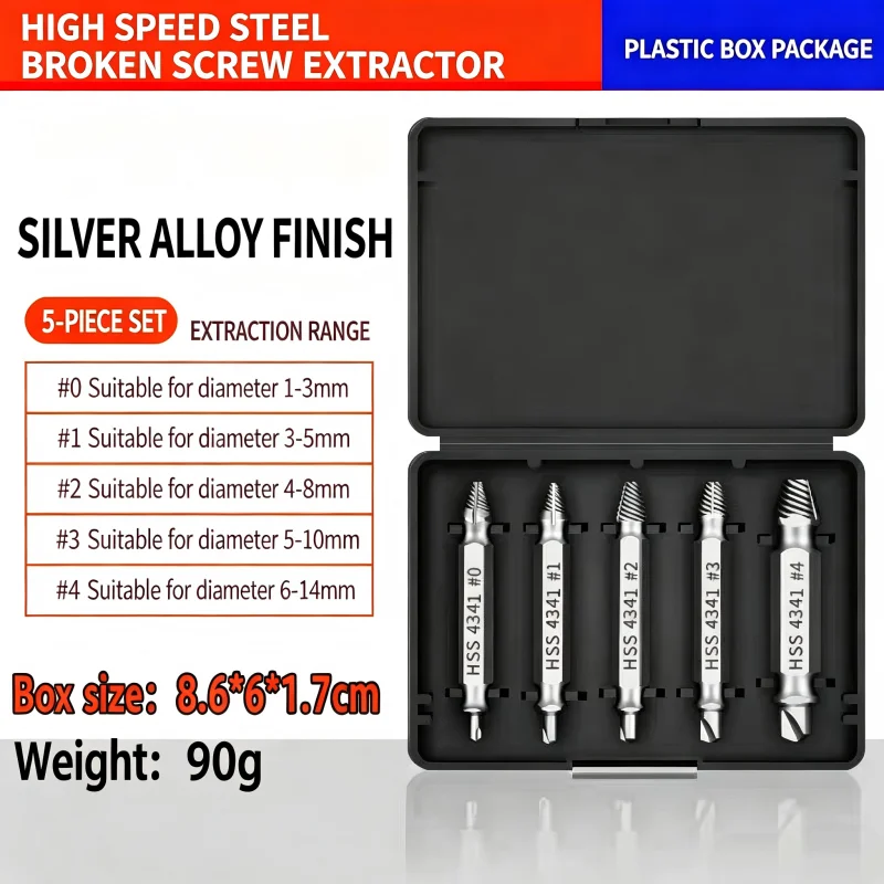 5PCS Broken Screw Extractor Set High Speed Steel Reverse Thread Drill Bit for Removing Rusted & Stripped Fasteners