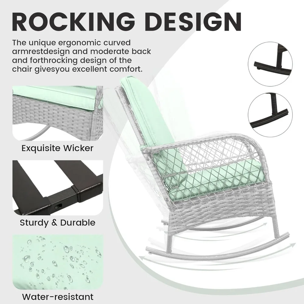 3 قطعة مجموعة بيسترو هزاز كراسي المحادثة PE الخوص كراسي هزازة في الهواء الطلق وطاولة زجاجية ، لحديقة الحديقة في الفناء الخلفي