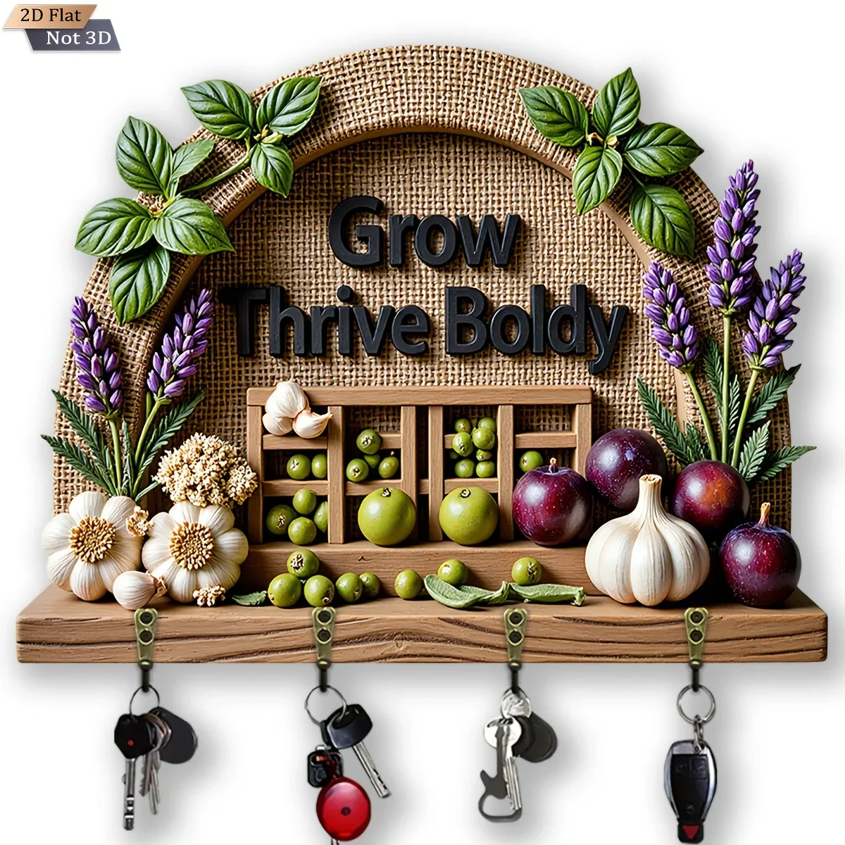 2D Flat, 1pc, Pastoral Fruits And Vegetables Theme Style Key Hook Wooden Multifunctional Home Key Rack, with Four Metal Hooks,
