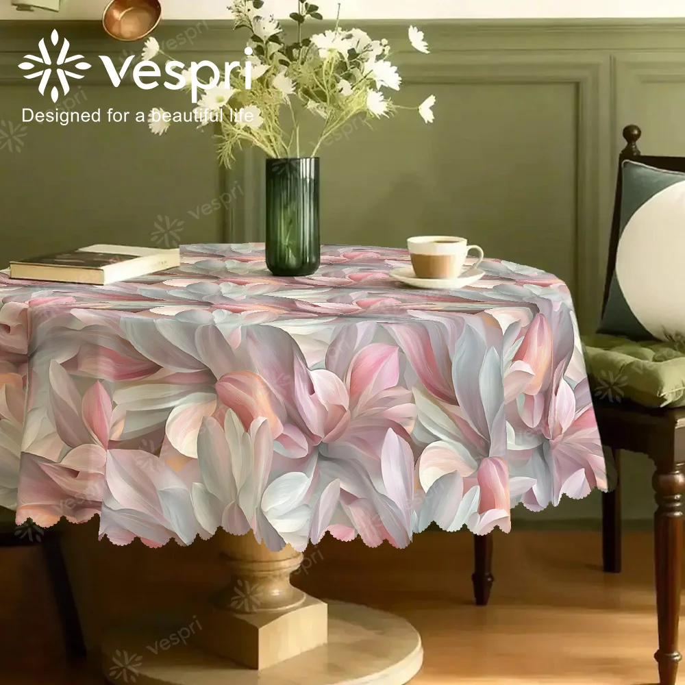 Floral tablecloth, white and pink decorations, simple flowers, contemporary style, circular shape.