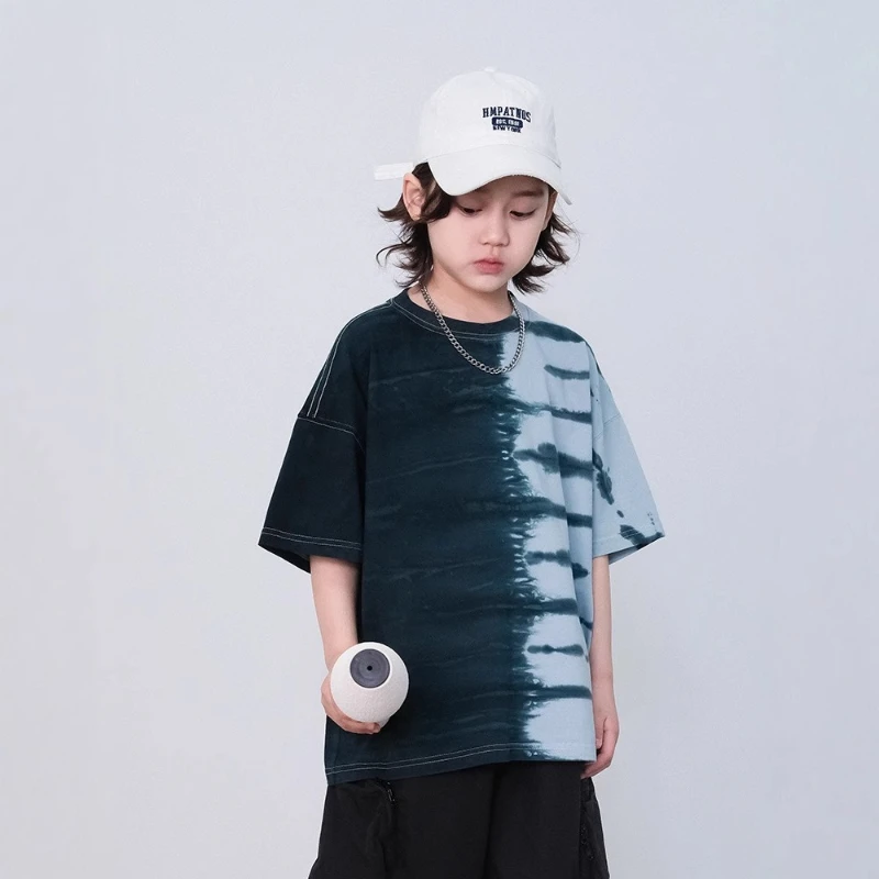 

2025 New Children's Summer Gradient Blue Green Design Street Wind Cotton T-shirt Short Sleeve