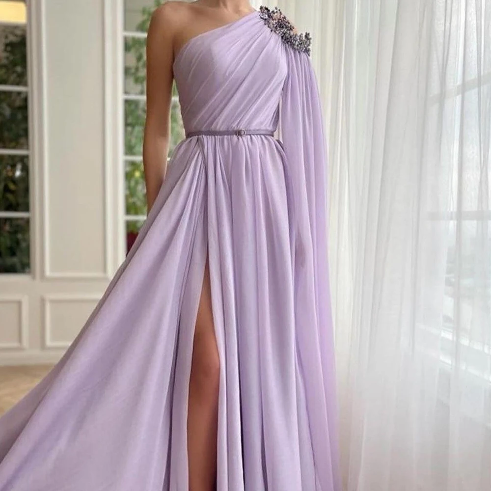 Saudi Arabia Long Beaded Evening Gowns Sashes One Shoulder Side Silt Ribbons Zipper Back  Sleeveless Watteau Train Solid Color