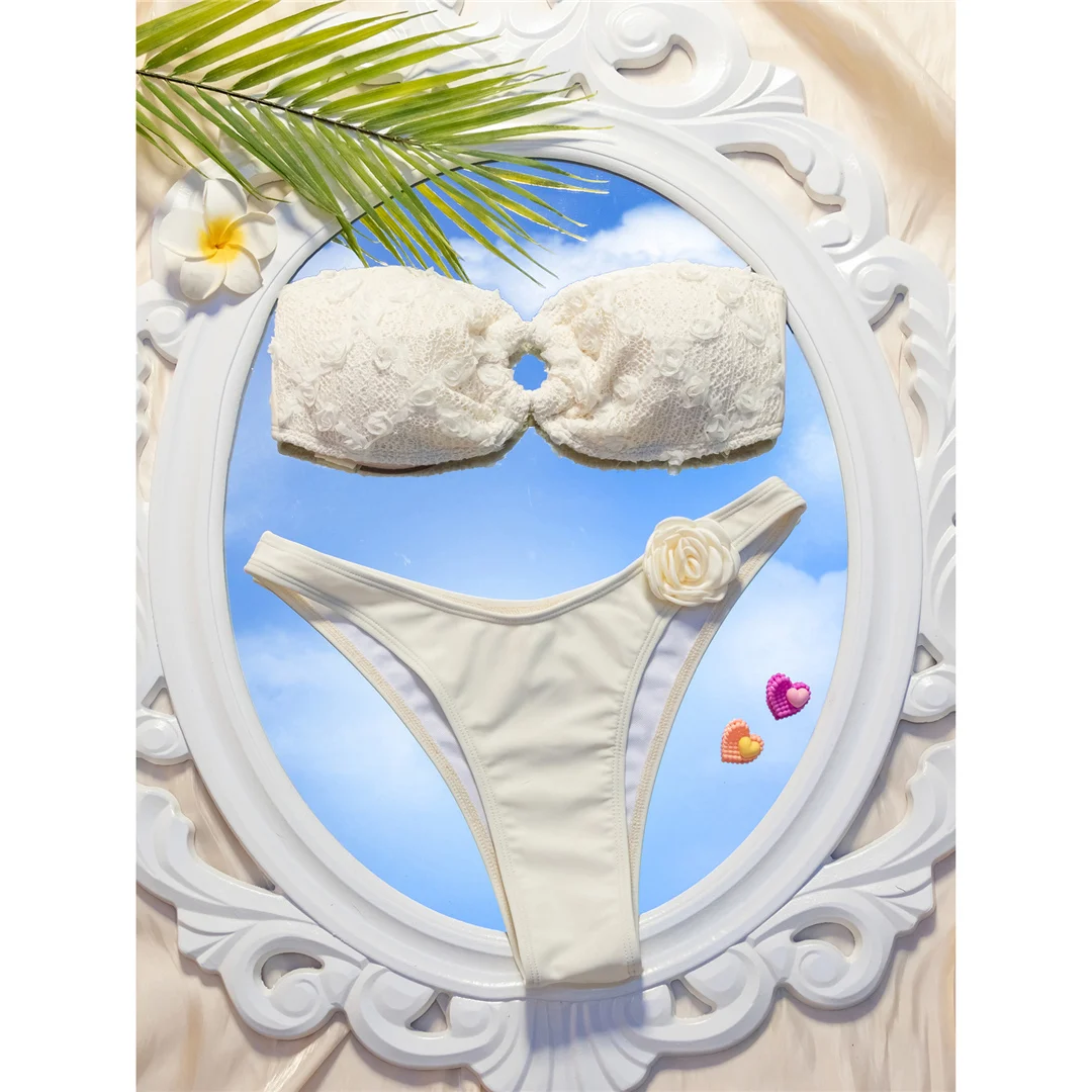 Neuer 3D-Blumen-Bandeau-Bikini mit hohem Beinausschnitt, Damen-Badeanzug, zweiteiliger Bikini-Set, Badebekleidung, Badeanzug, Schwimmanzug V6225 – Detail 12